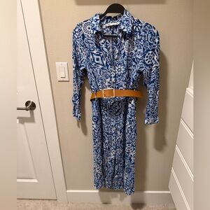 Zara Blue and White Patterned Long Sleeve Midi Dress with Tan Belt